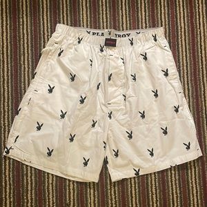 White Playboy Repeating Rabbit Lounge Shorts With Zippered Pockets. Size Large
